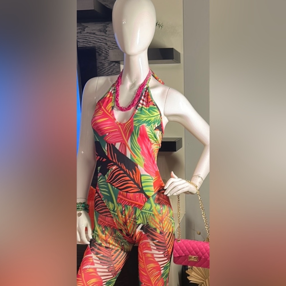 Tropical Print Halter Jumpsuit - Picture 2 of 10